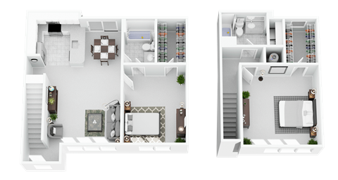 Two images of a house layout with a kitchen, living room, and bathroom.